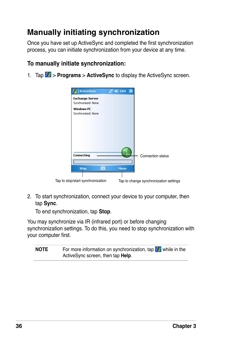 Manually initiating synchronization | Asus A632N User Manual | Page 42 / 104