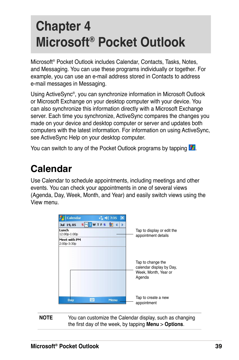 Chapter 4 microsoft, Pocket outlook, Calendar | Asus A632N User Manual | Page 45 / 104