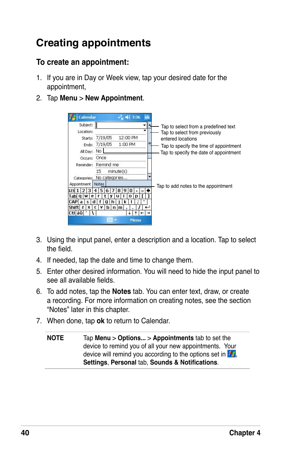 Creating appointments | Asus A632N User Manual | Page 46 / 104