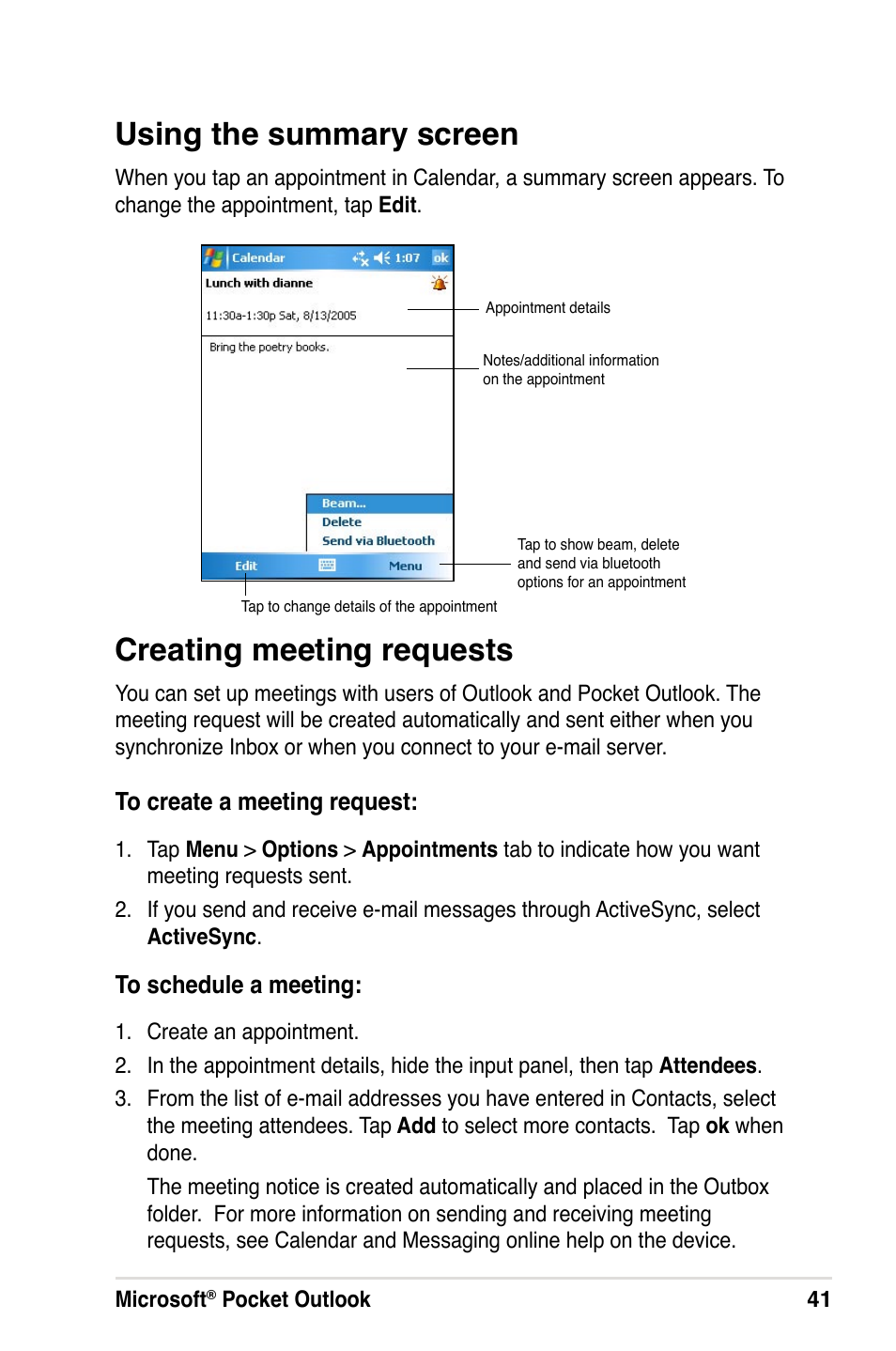 Using the summary screen, Creating meeting requests | Asus A632N User Manual | Page 47 / 104