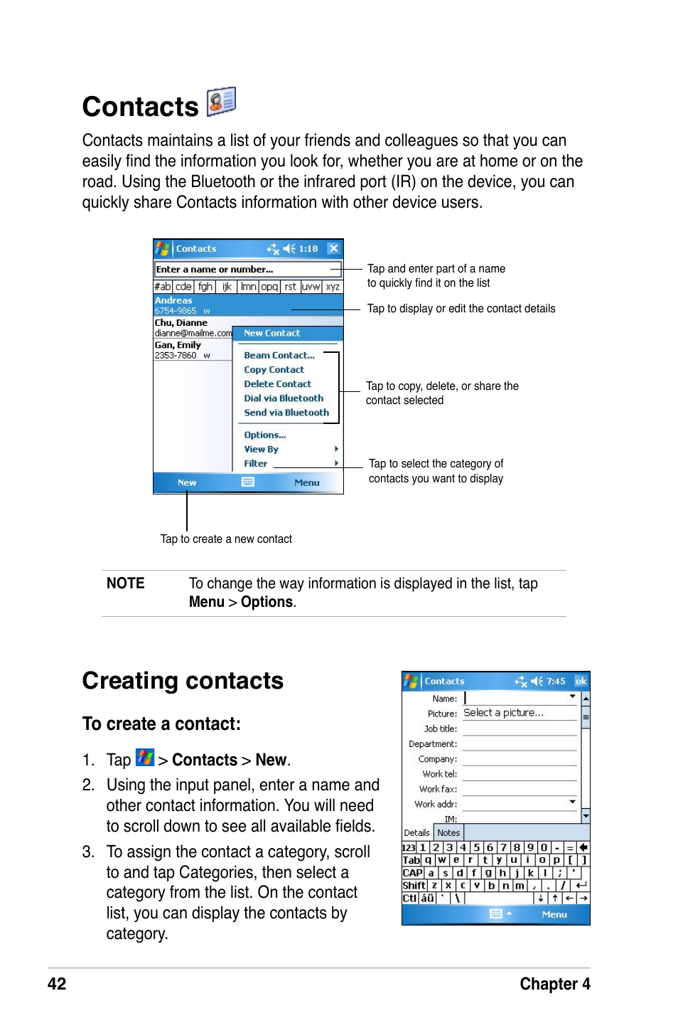 Contacts, Creating contacts | Asus A632N User Manual | Page 48 / 104