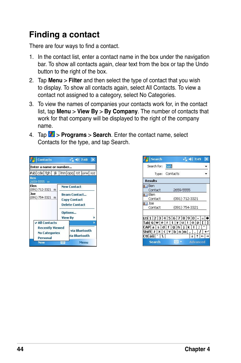 Finding a contact | Asus A632N User Manual | Page 50 / 104