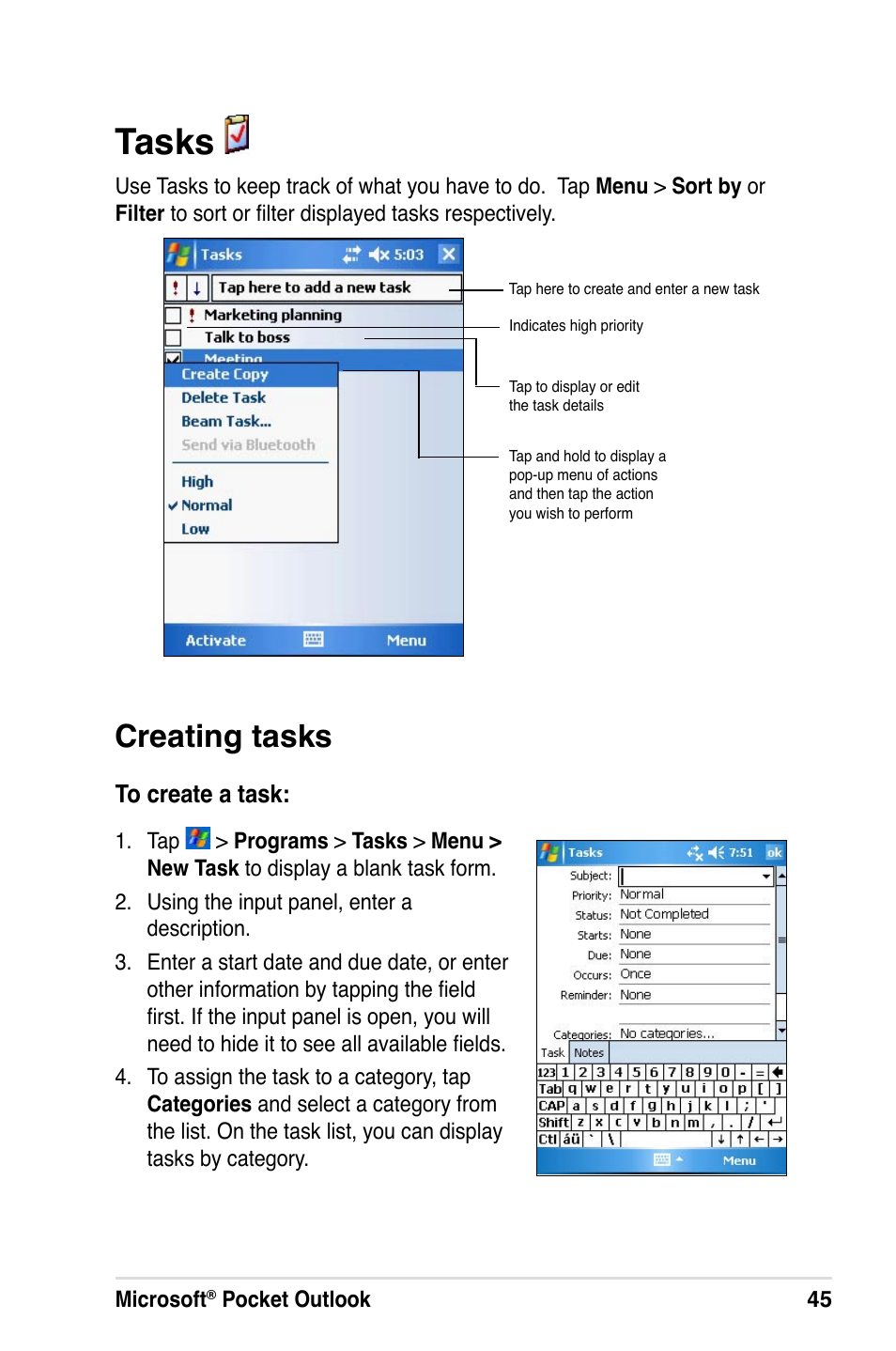 Tasks, Creating tasks | Asus A632N User Manual | Page 51 / 104