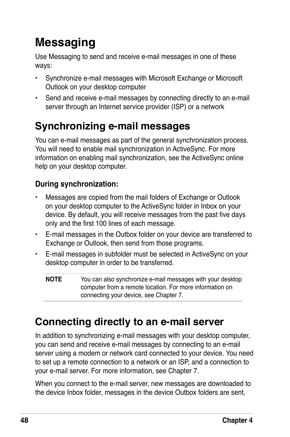 Messaging, Connecting directly to an e-mail server, Synchronizing e-mail messages | Asus A632N User Manual | Page 54 / 104