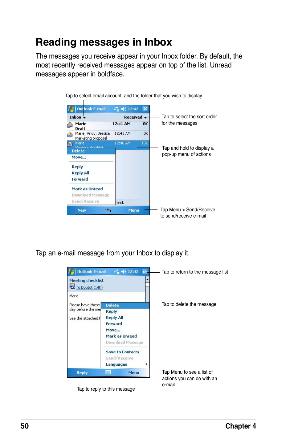 Reading messages in inbox, 50 chapter 4 | Asus A632N User Manual | Page 56 / 104