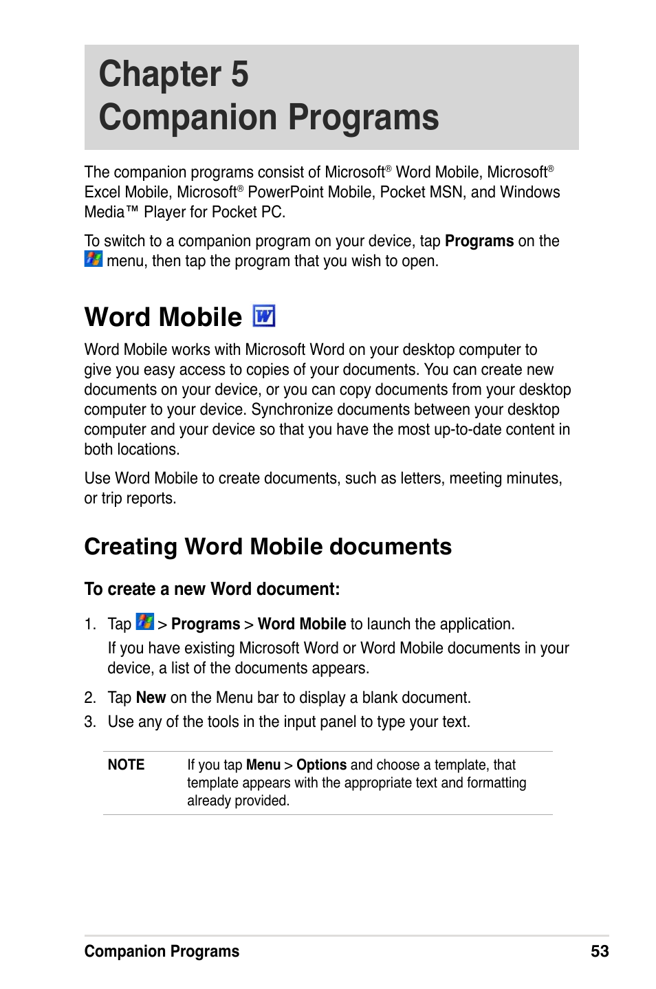Chapter 5 companion programs, Word mobile, Creating word mobile documents | Asus A632N User Manual | Page 59 / 104