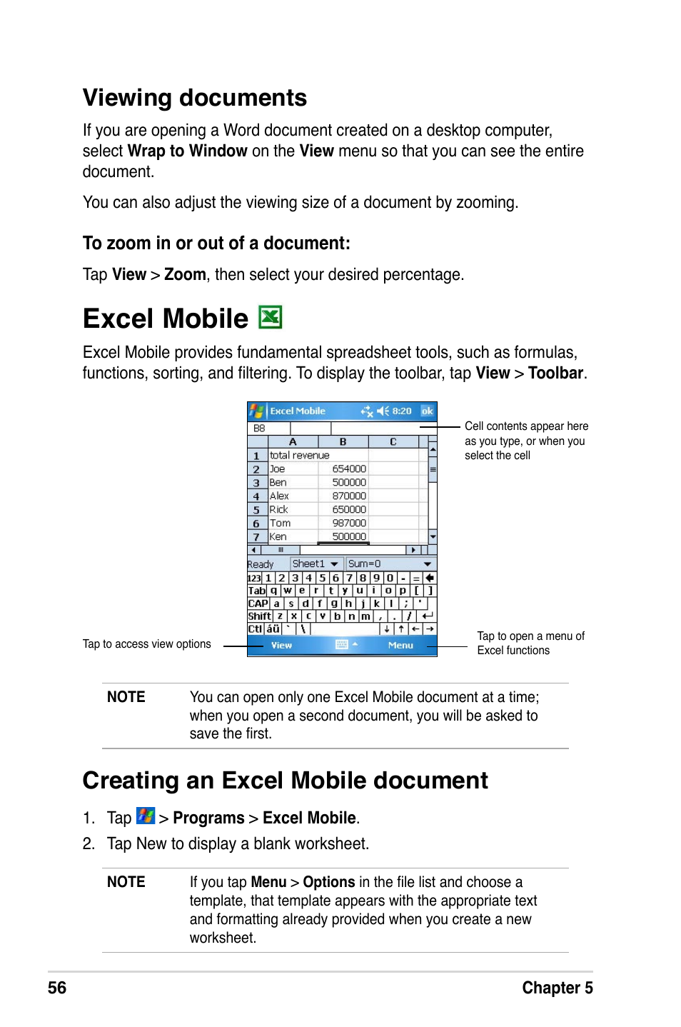 Excel mobile, Viewing documents, Creating an excel mobile document | Asus A632N User Manual | Page 62 / 104