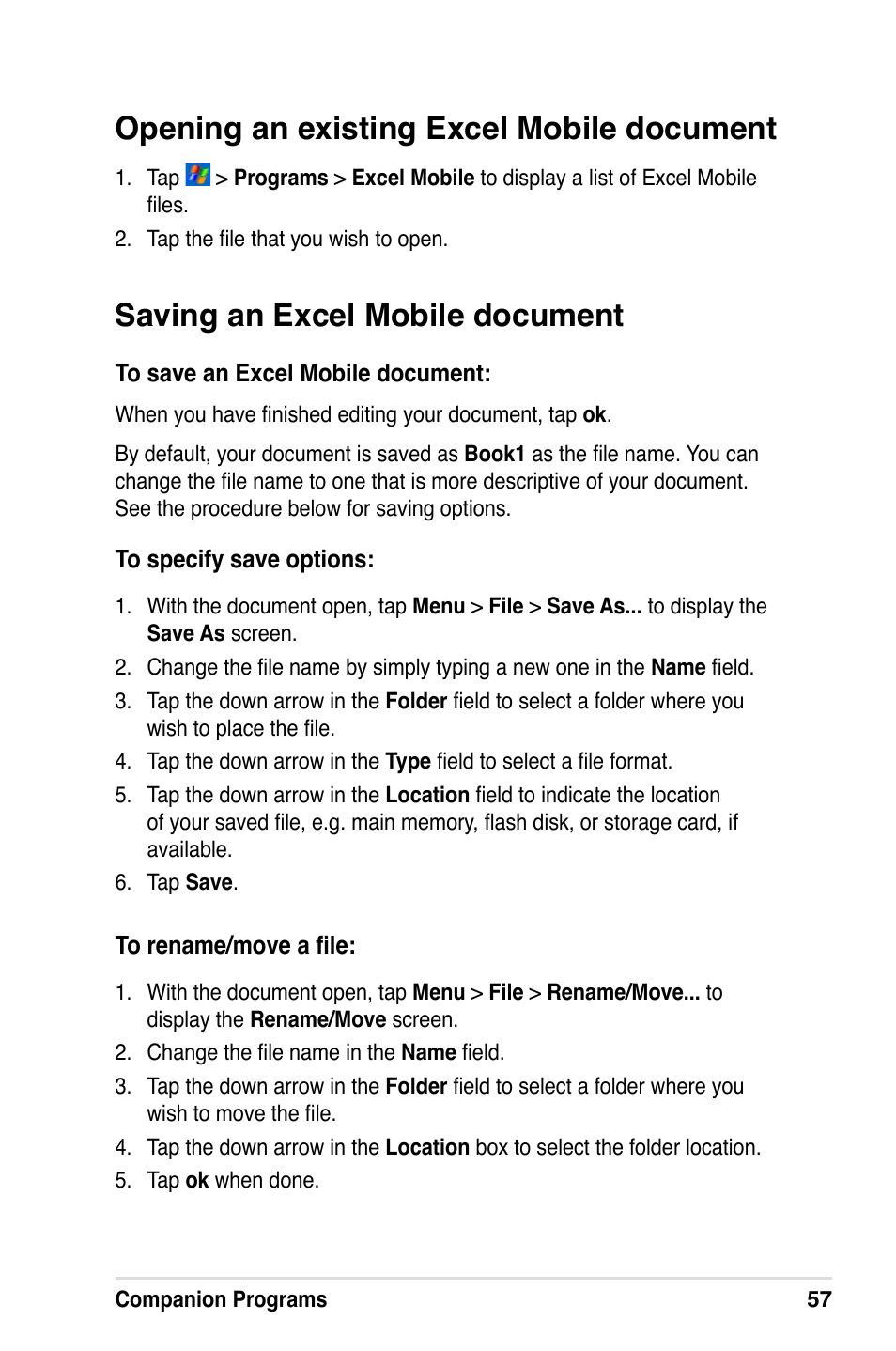 Opening an existing excel mobile document, Saving an excel mobile document | Asus A632N User Manual | Page 63 / 104