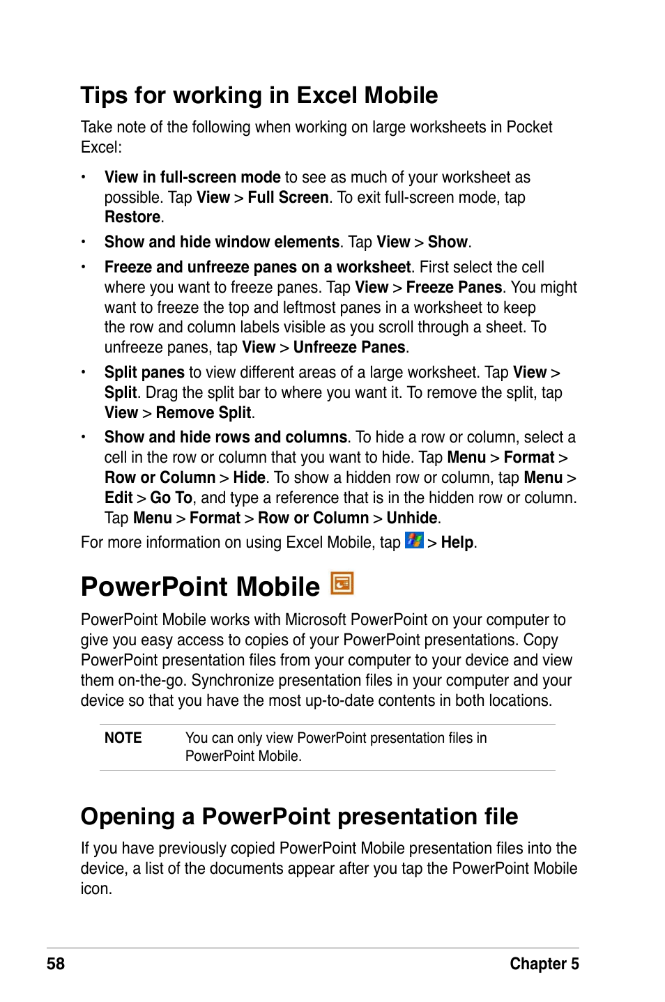 Powerpoint mobile, Tips for working in excel mobile, Opening a powerpoint presentation ﬁle | Asus A632N User Manual | Page 64 / 104
