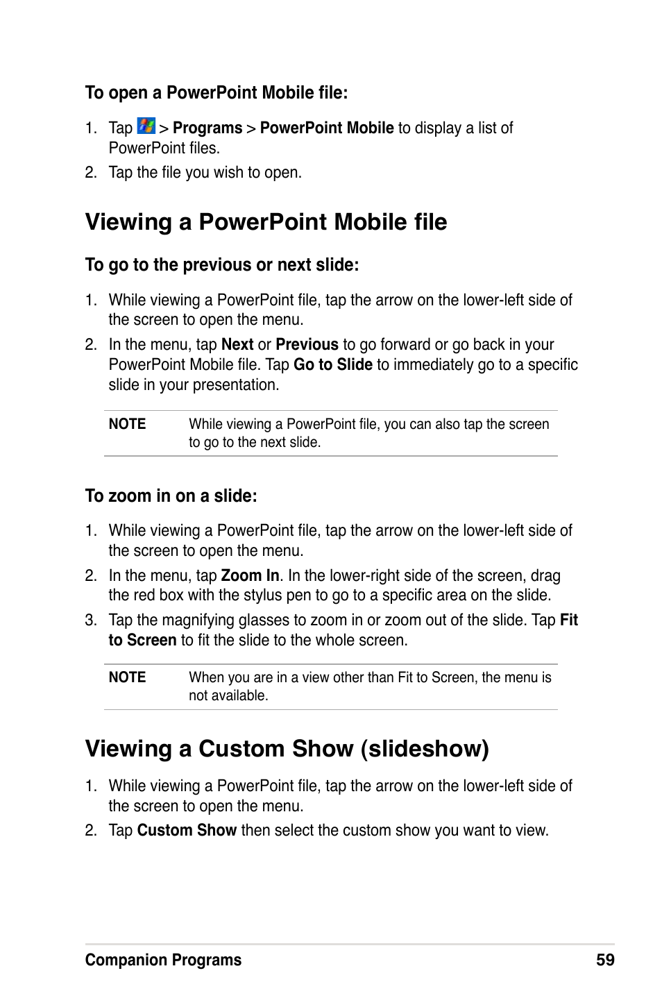 Viewing a powerpoint mobile ﬁle, Viewing a custom show (slideshow) | Asus A632N User Manual | Page 65 / 104