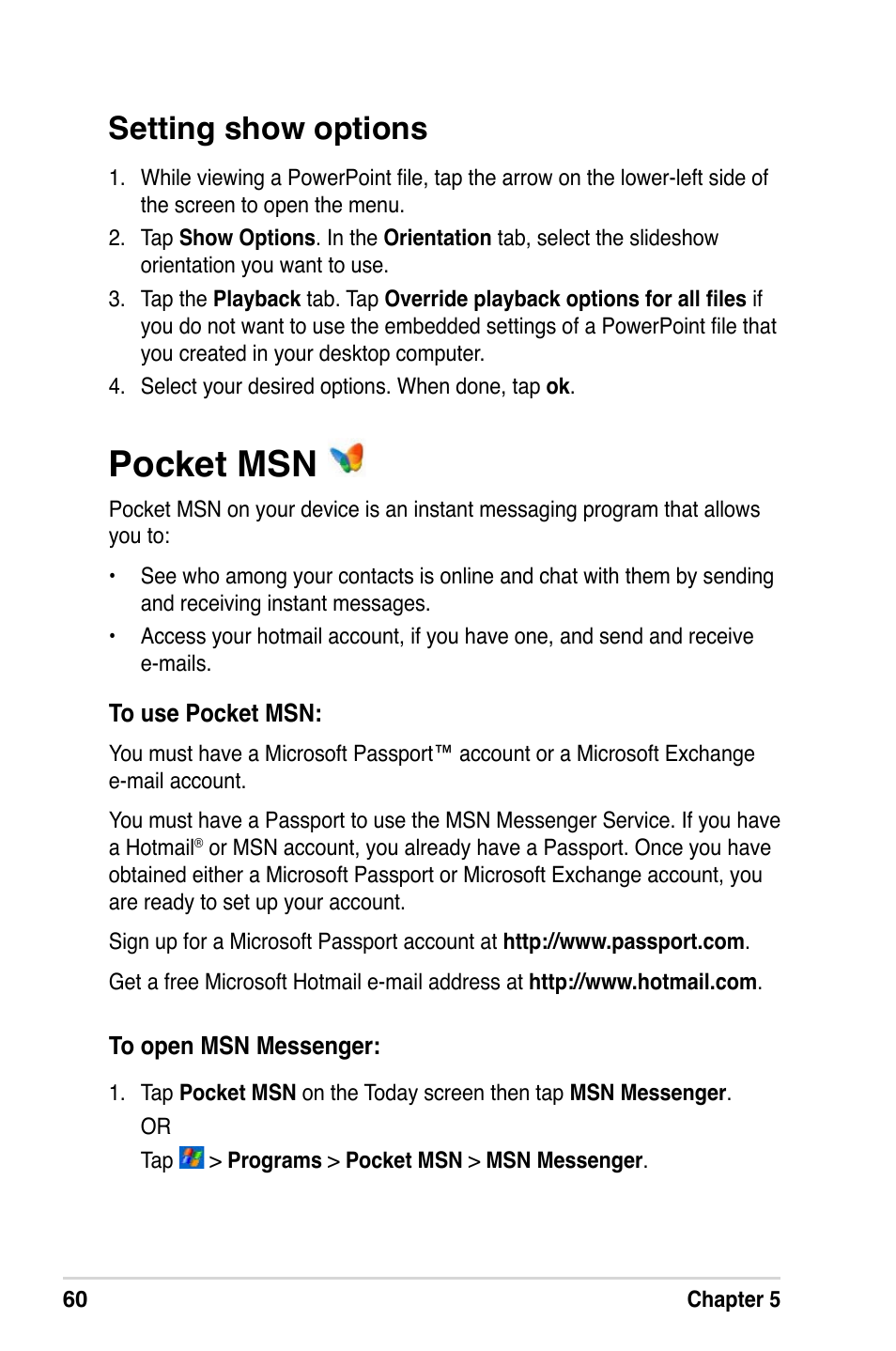 Pocket msn, Setting show options | Asus A632N User Manual | Page 66 / 104