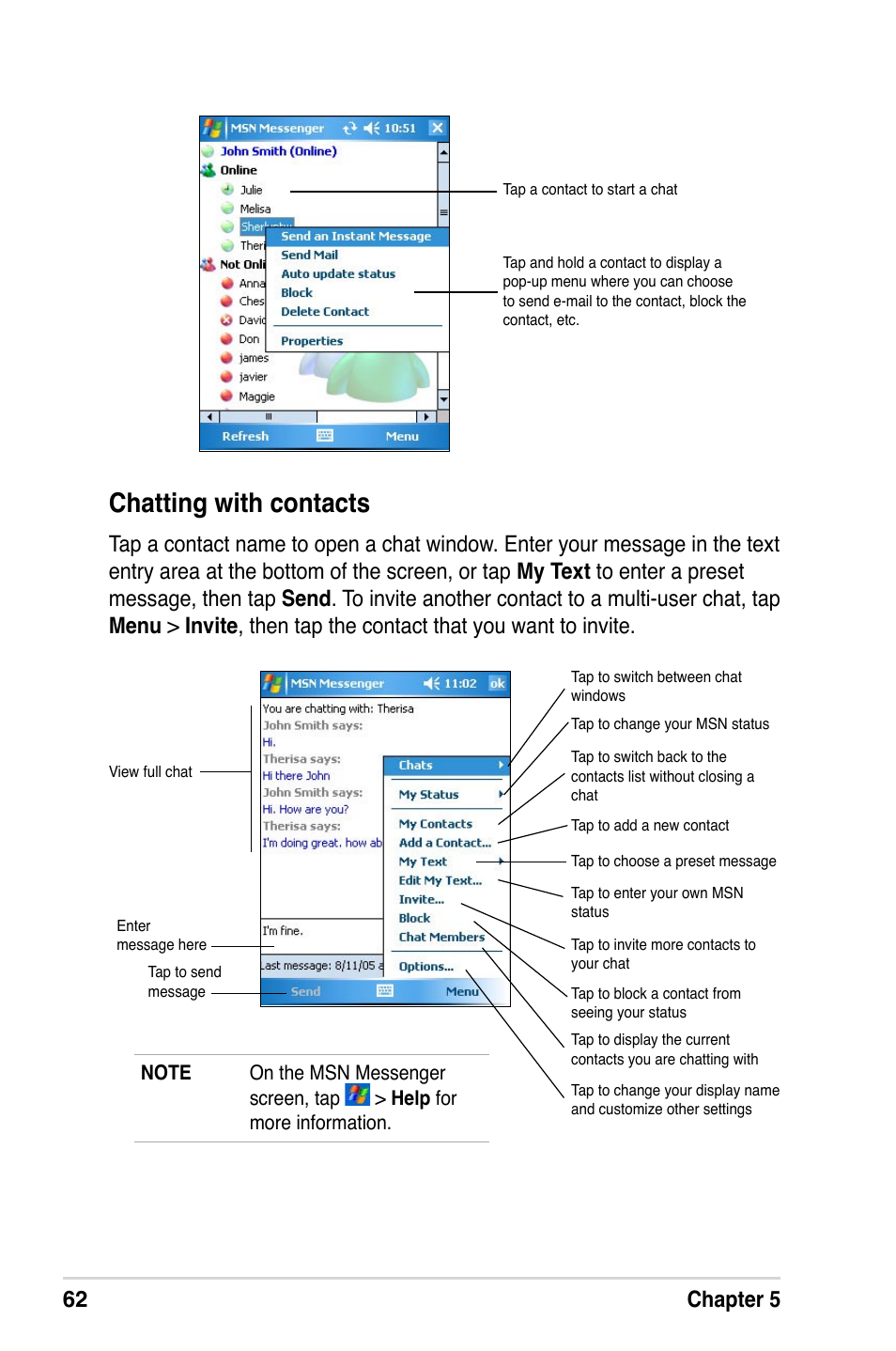 Chatting with contacts, 62 chapter 5 | Asus A632N User Manual | Page 68 / 104