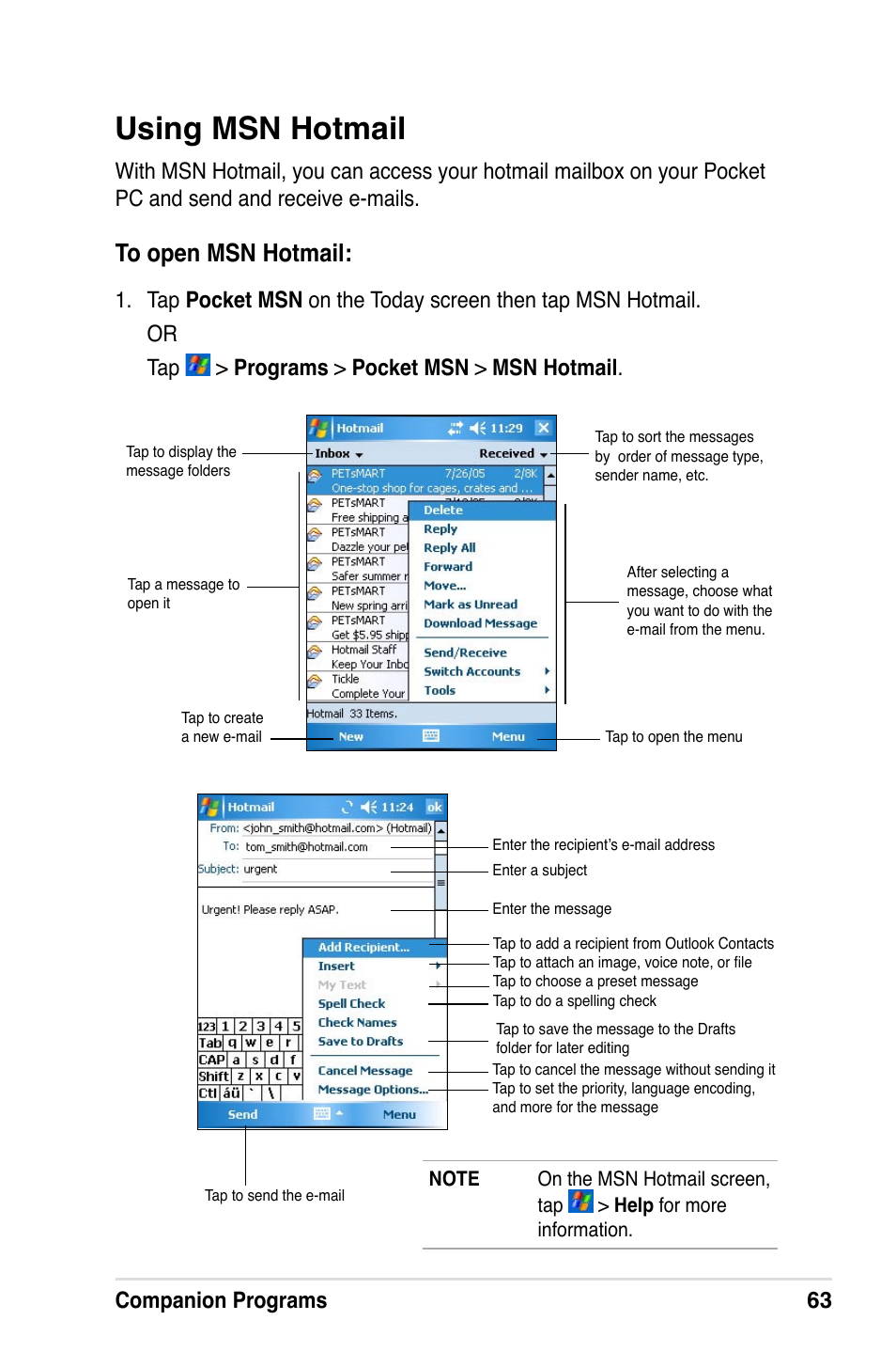 Using msn hotmail, Companion programs 63 | Asus A632N User Manual | Page 69 / 104