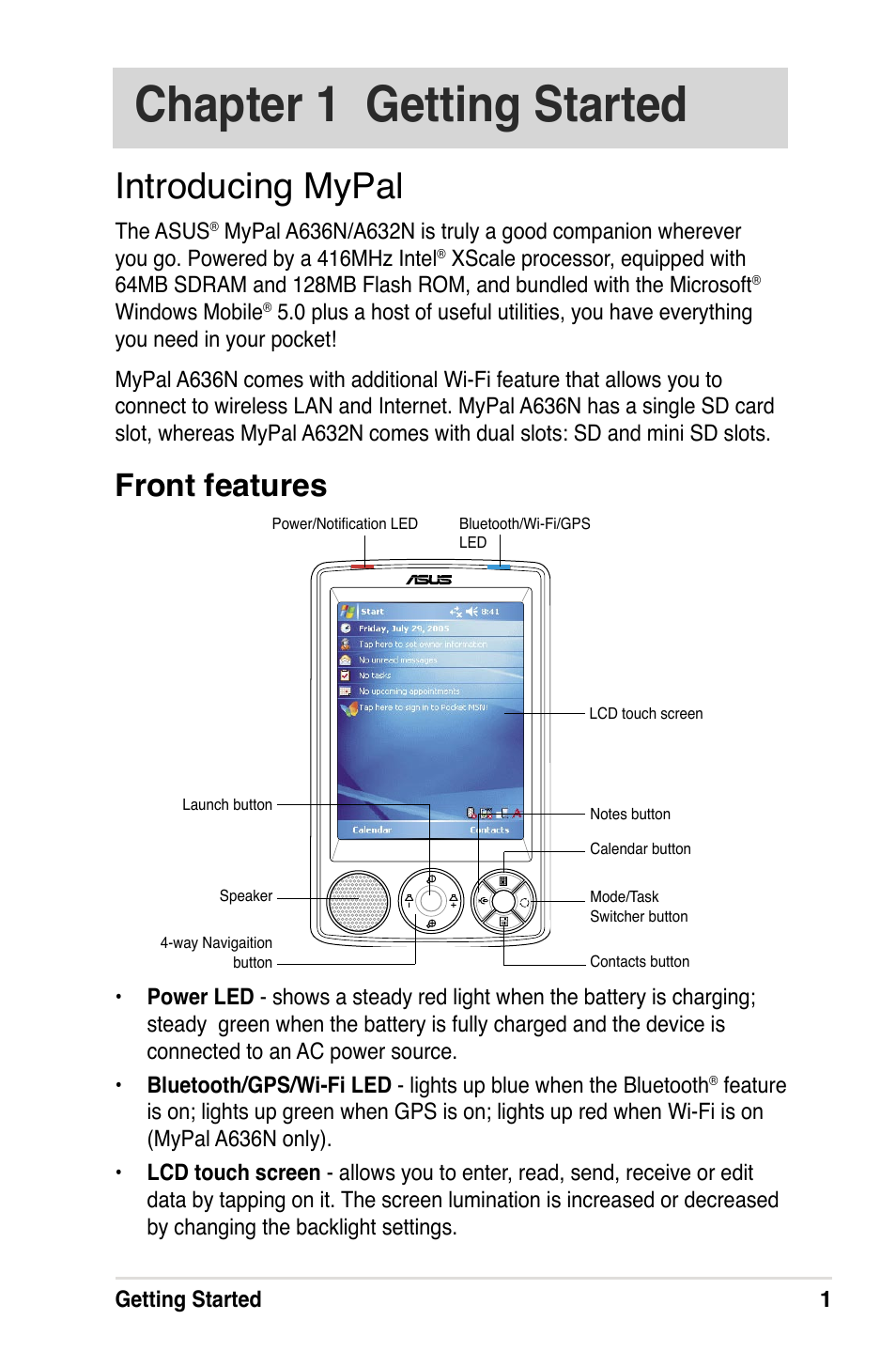 Chapter 1 getting started, Introducing mypal, Front features | Asus A632N User Manual | Page 7 / 104