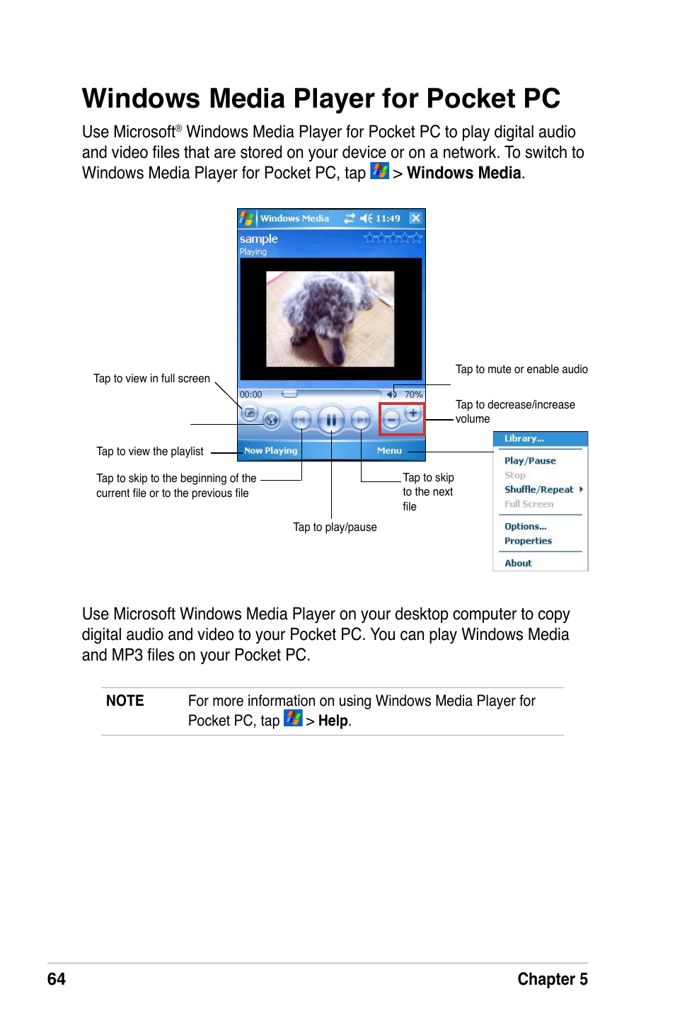 Windows media player for pocket pc, 64 chapter 5, Use microsoft | Asus A632N User Manual | Page 70 / 104