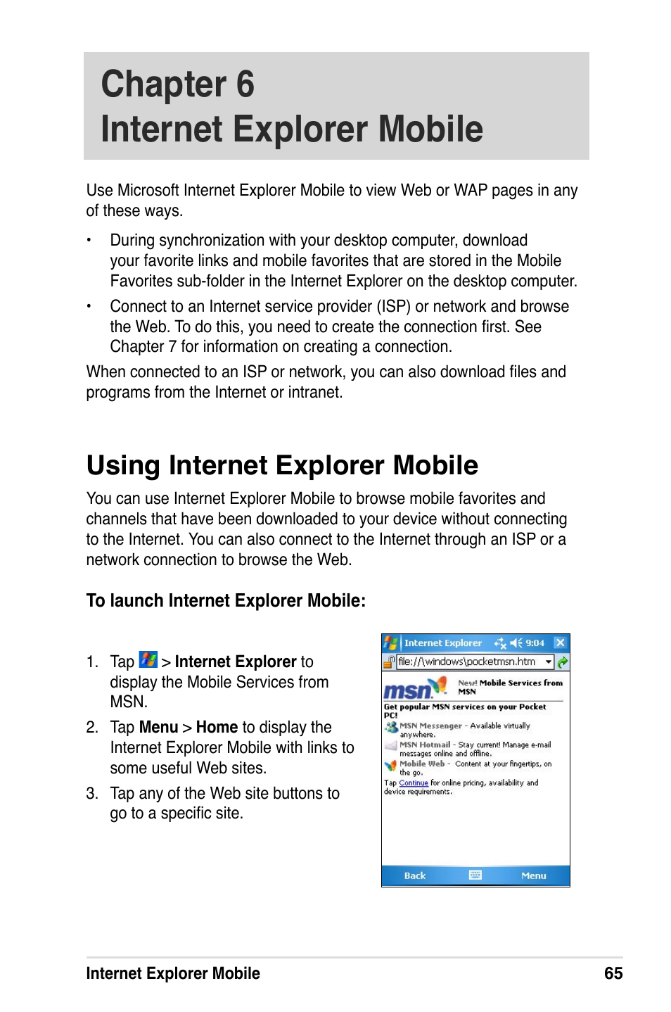 Chapter 6 internet explorer mobile, Using internet explorer mobile | Asus A632N User Manual | Page 71 / 104