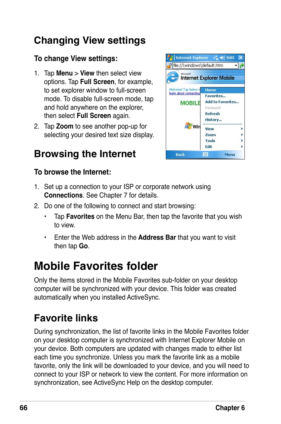 Mobile favorites folder, Favorite links, Changing view settings | Browsing the internet | Asus A632N User Manual | Page 72 / 104