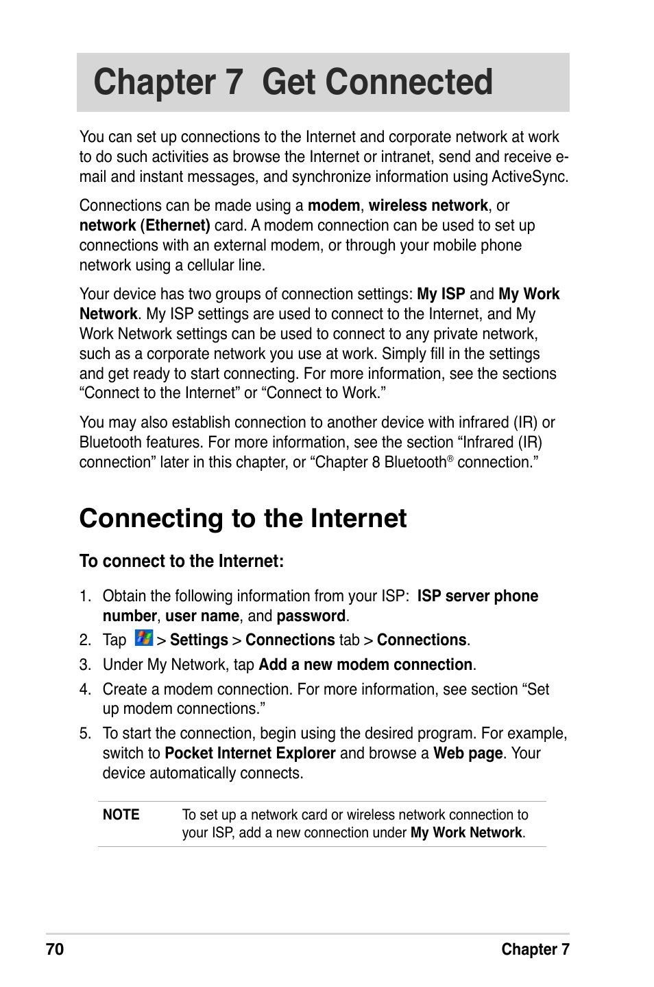 Chapter 7 get connected, Connecting to the internet | Asus A632N User Manual | Page 76 / 104