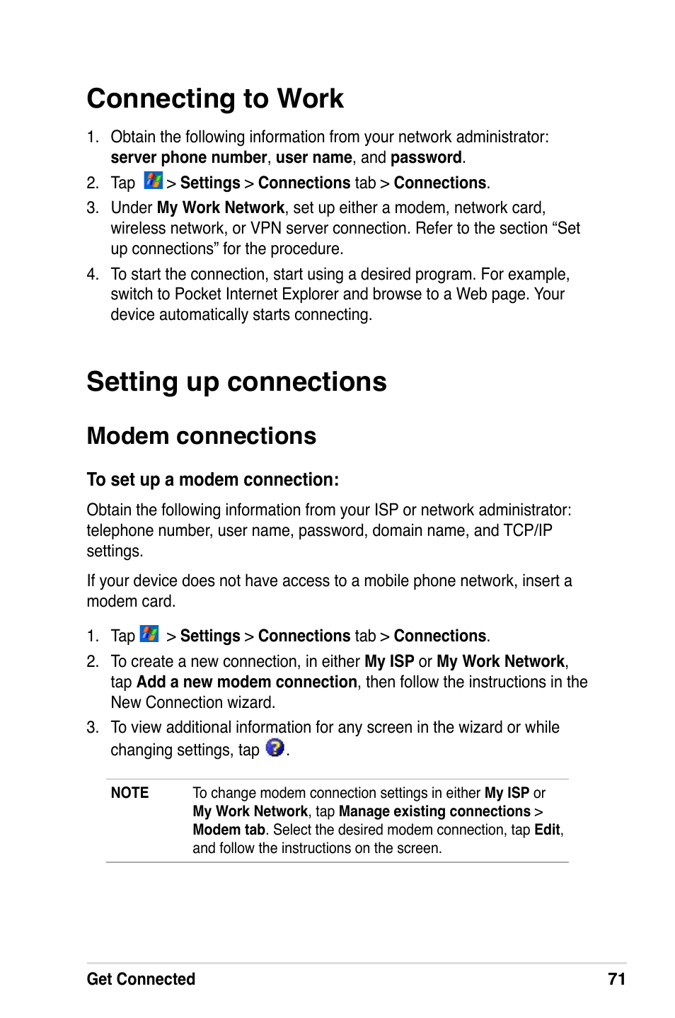Connecting to work, Setting up connections, Modem connections | Asus A632N User Manual | Page 77 / 104