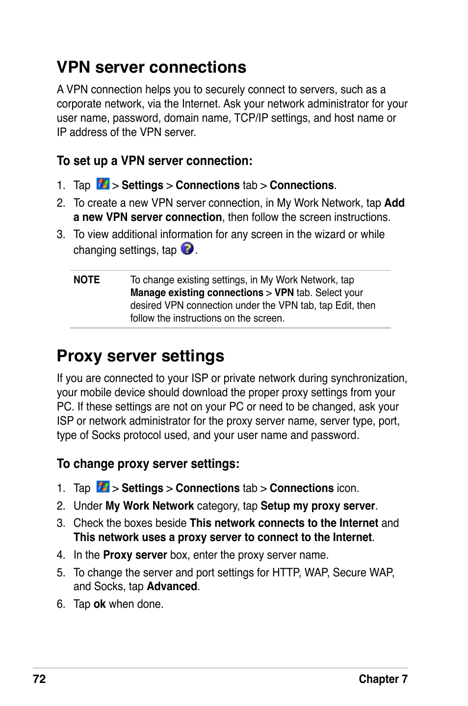 Vpn server connections, Proxy server settings | Asus A632N User Manual | Page 78 / 104