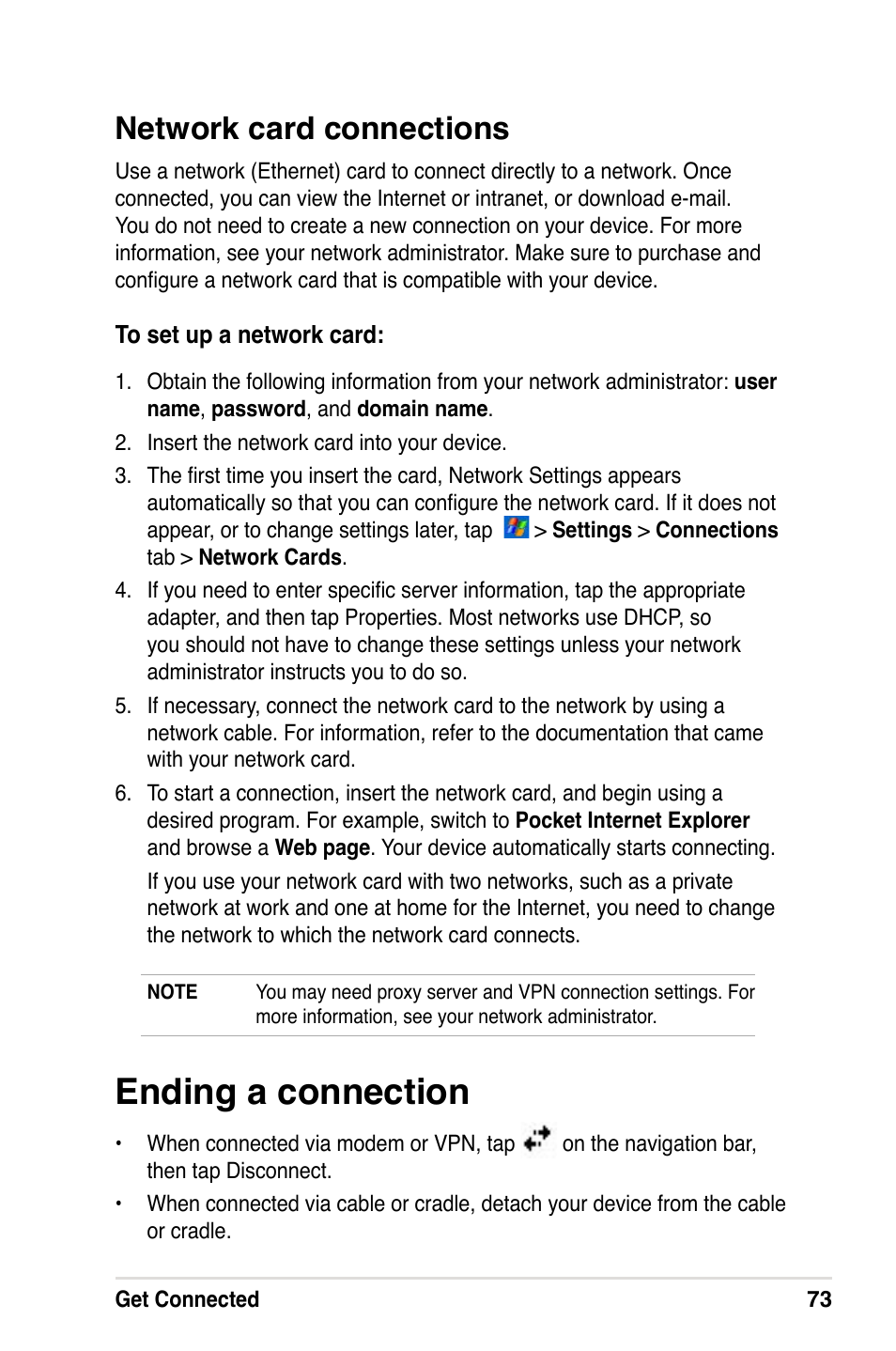 Ending a connection, Network card connections | Asus A632N User Manual | Page 79 / 104