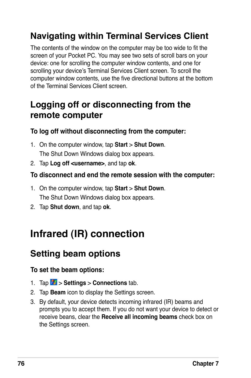 Infrared (ir) connection, Navigating within terminal services client, Setting beam options | Asus A632N User Manual | Page 82 / 104