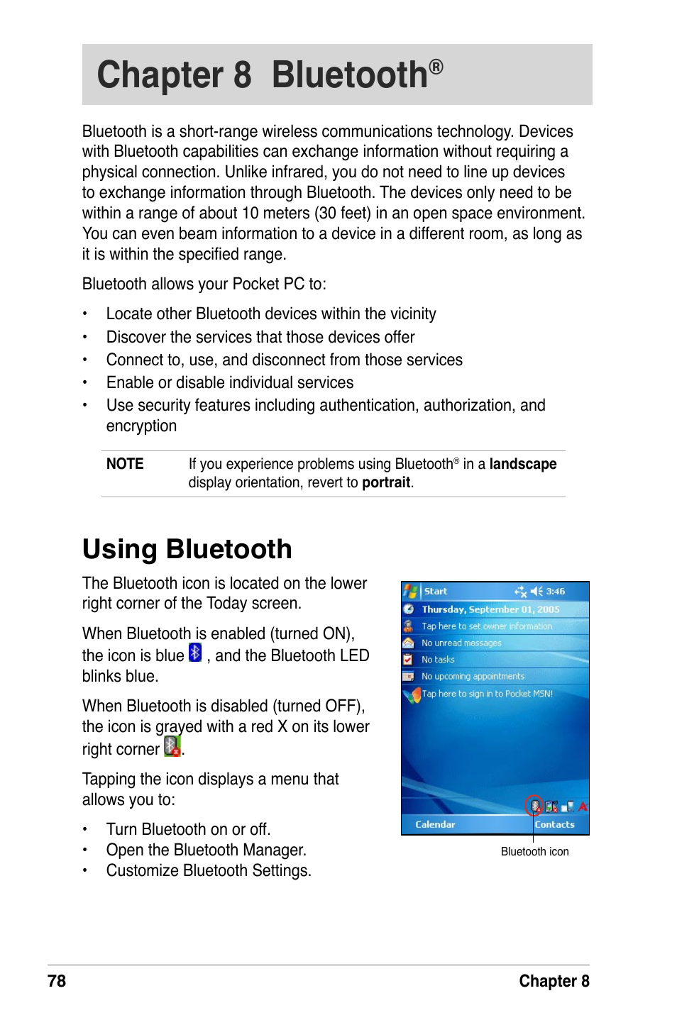 Chapter 8 bluetooth, Using bluetooth | Asus A632N User Manual | Page 84 / 104