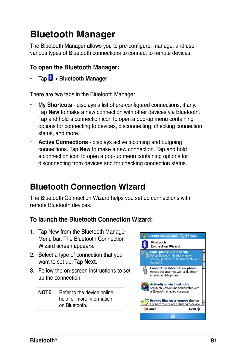 Bluetooth manager, Bluetooth connection wizard | Asus A632N User Manual | Page 87 / 104