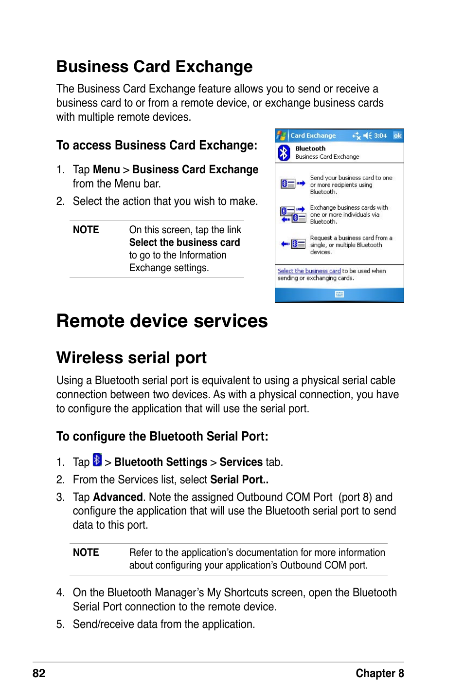 Remote device services, Business card exchange, Wireless serial port | Asus A632N User Manual | Page 88 / 104