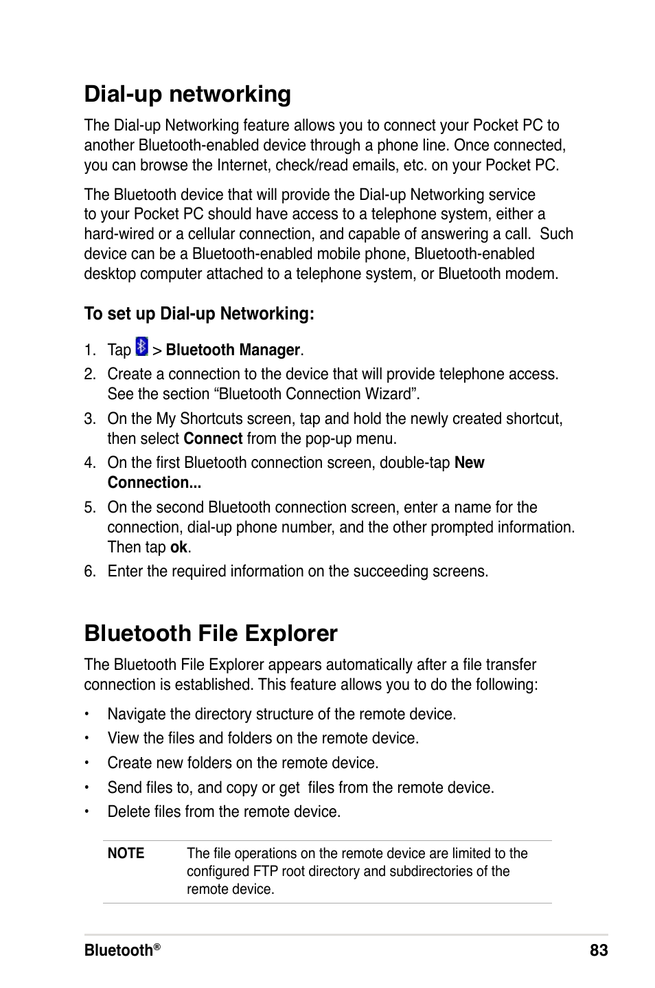 Dial-up networking, Bluetooth file explorer | Asus A632N User Manual | Page 89 / 104