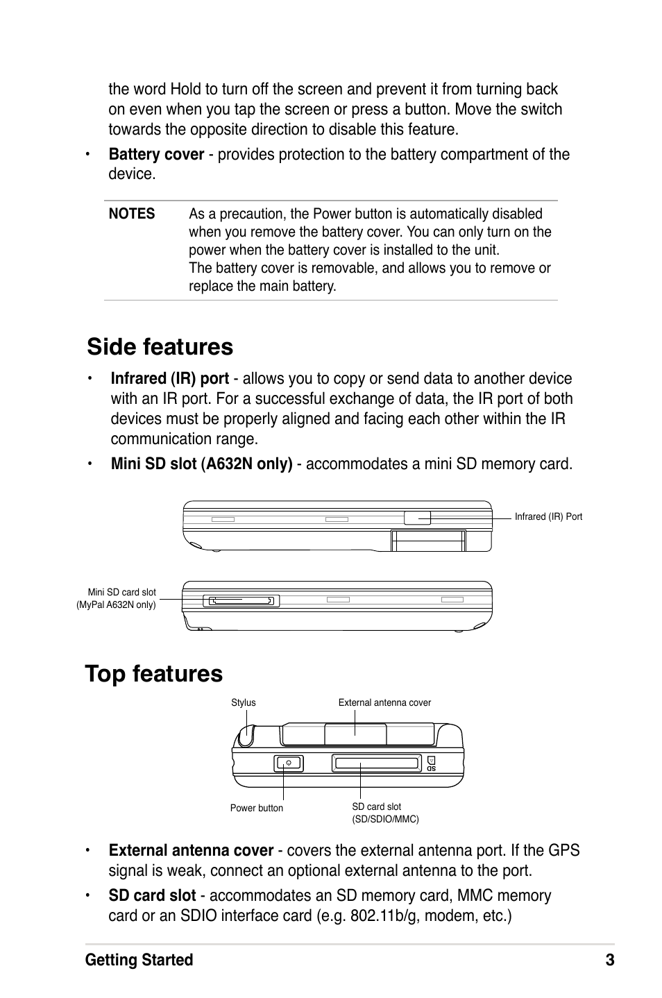 Side features, Top features | Asus A632N User Manual | Page 9 / 104