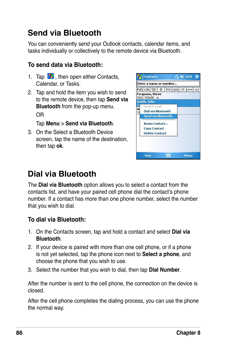 Dial via bluetooth, Send via bluetooth | Asus A632N User Manual | Page 92 / 104