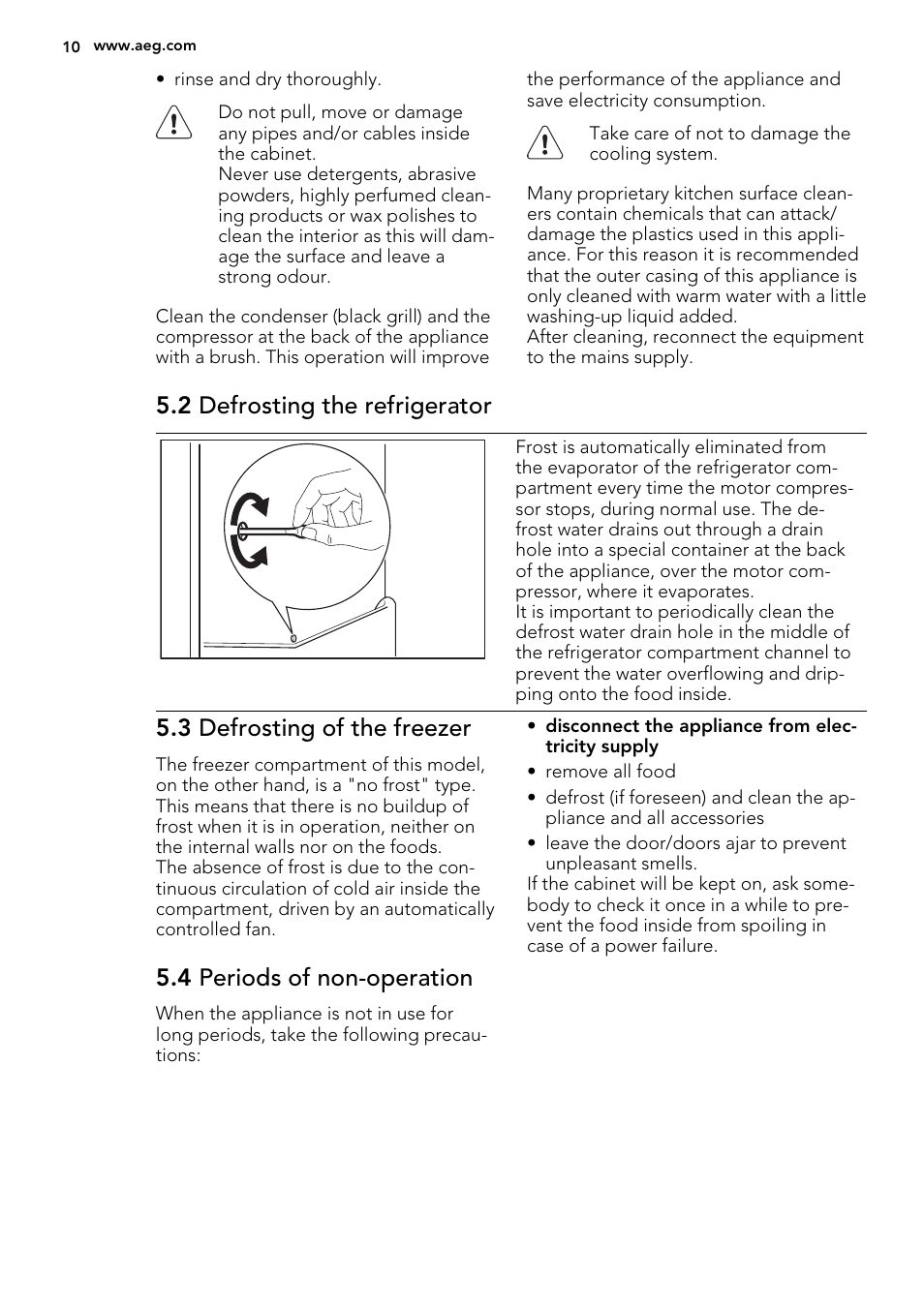 2 defrosting the refrigerator, 3 defrosting of the freezer, 4 periods of non-operation | AEG SCS81800F0 User Manual | Page 10 / 64
