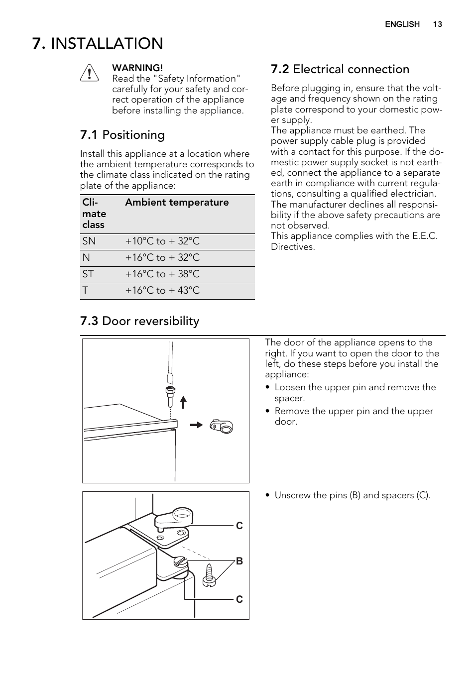 Installation, 1 positioning, 2 electrical connection | 3 door reversibility | AEG SCS81800F0 User Manual | Page 13 / 64