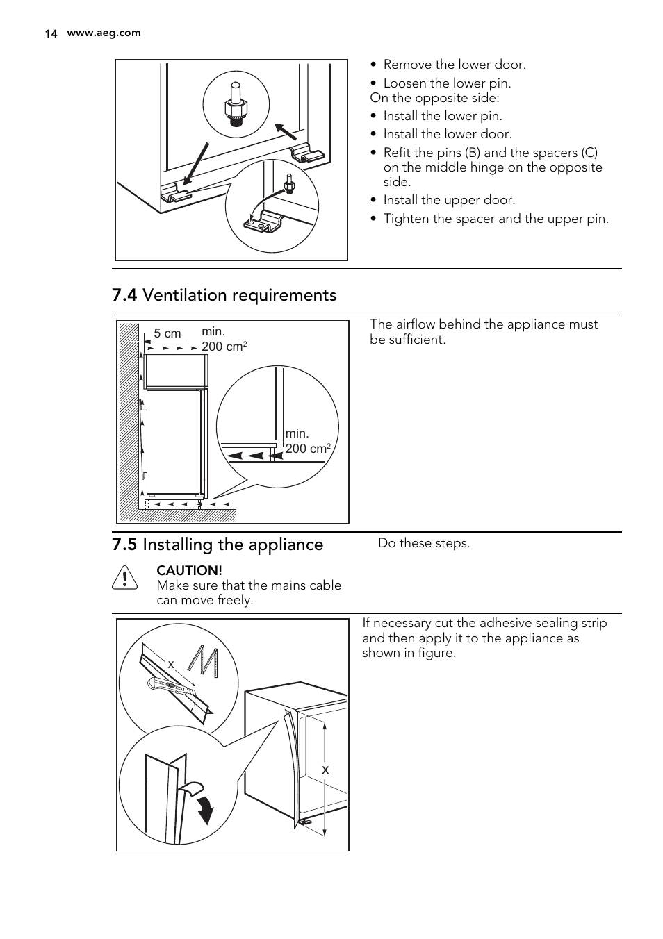 4 ventilation requirements, 5 installing the appliance | AEG SCS81800F0 User Manual | Page 14 / 64