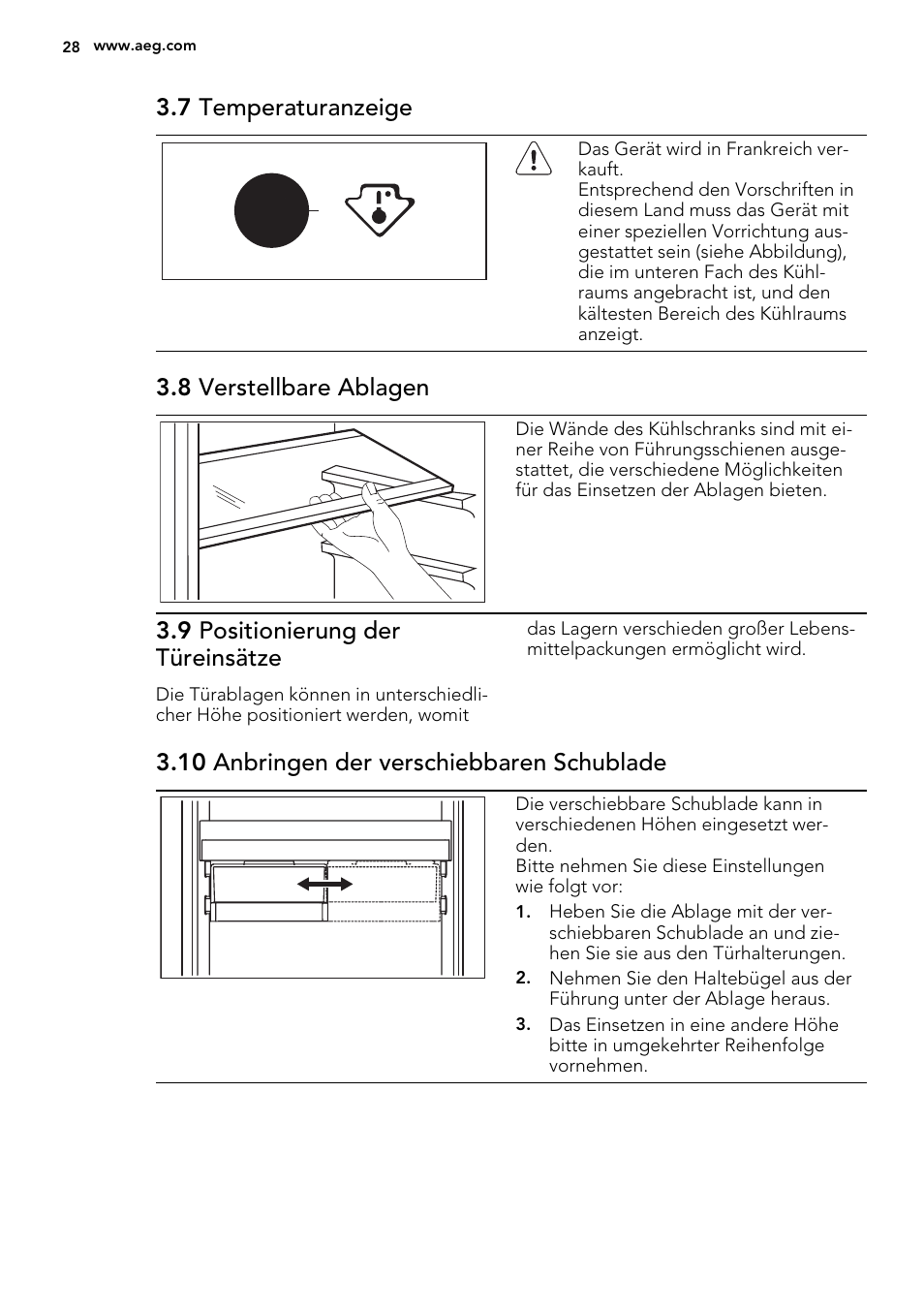 7 temperaturanzeige, 8 verstellbare ablagen, 9 positionierung der türeinsätze | 10 anbringen der verschiebbaren schublade | AEG SCS81800F0 User Manual | Page 28 / 64