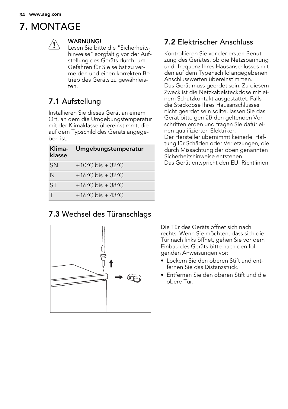 Montage, 1 aufstellung, 2 elektrischer anschluss | 3 wechsel des türanschlags | AEG SCS81800F0 User Manual | Page 34 / 64