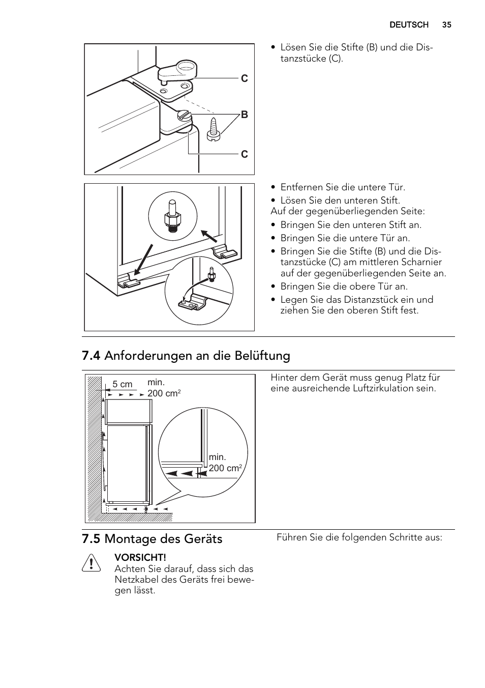 4 anforderungen an die belüftung, 5 montage des geräts | AEG SCS81800F0 User Manual | Page 35 / 64