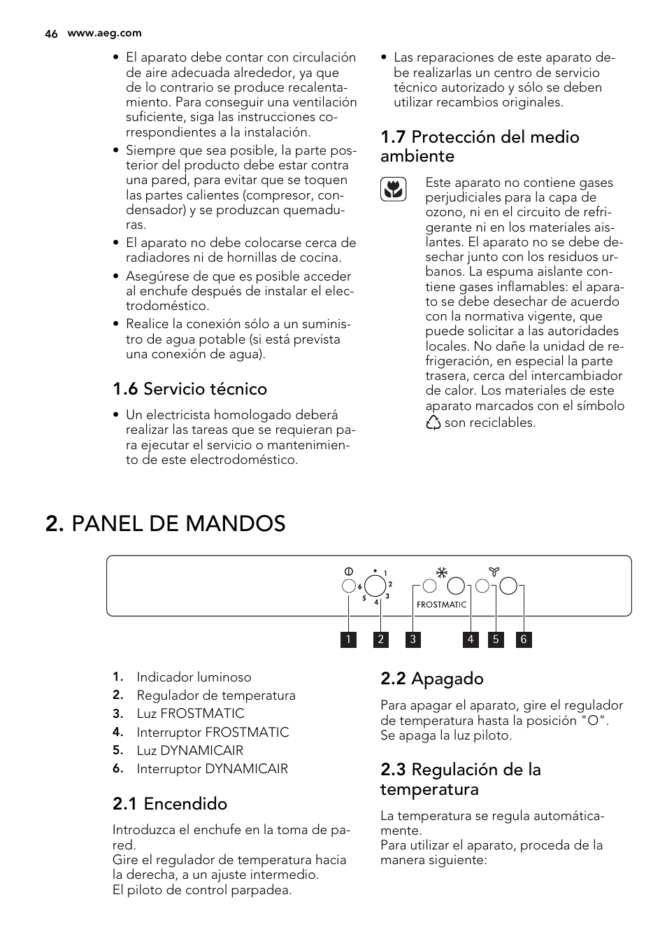 Panel de mandos, 6 servicio técnico, 7 protección del medio ambiente | 1 encendido, 2 apagado, 3 regulación de la temperatura | AEG SCS81800F0 User Manual | Page 46 / 64
