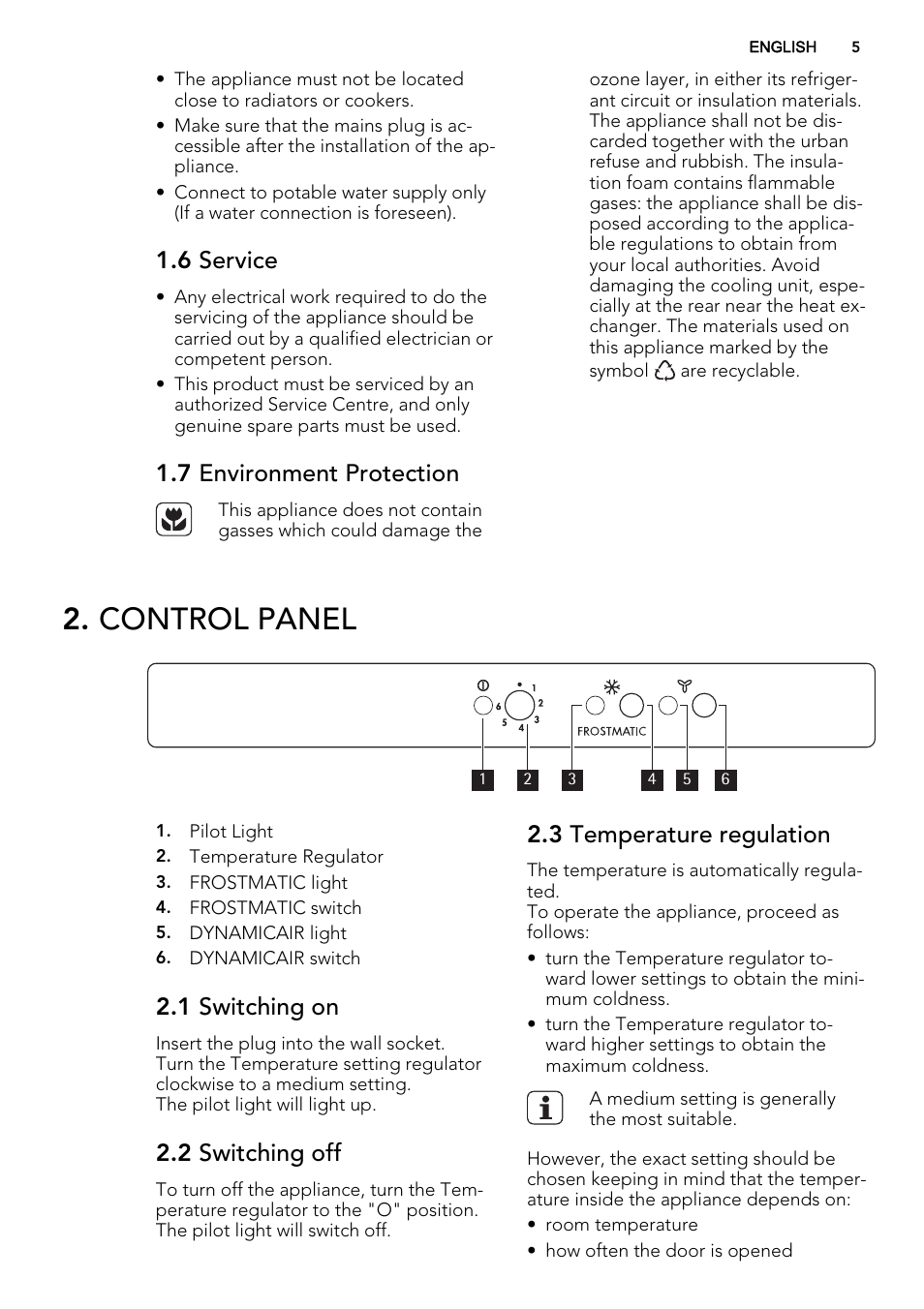 Control panel, 6 service, 7 environment protection | 1 switching on, 2 switching off, 3 temperature regulation | AEG SCS81800F0 User Manual | Page 5 / 64