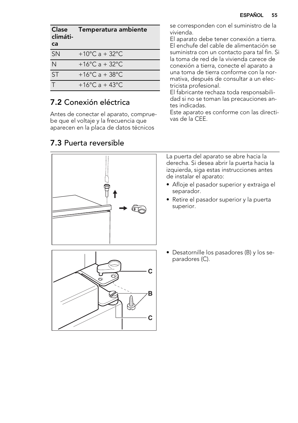 2 conexión eléctrica, 3 puerta reversible | AEG SCS81800F0 User Manual | Page 55 / 64