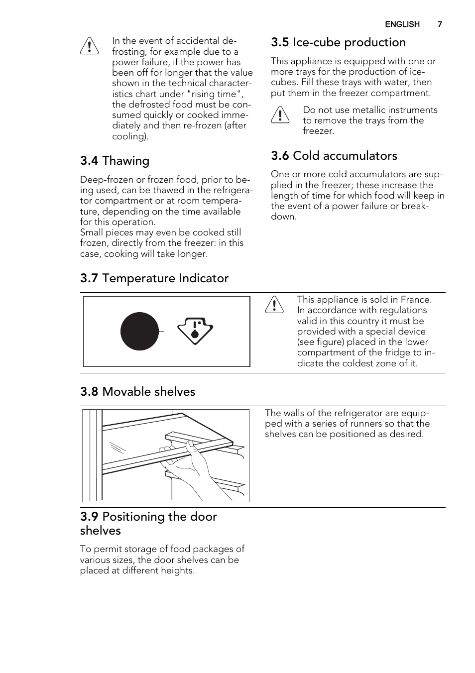 4 thawing, 5 ice-cube production, 6 cold accumulators | 7 temperature indicator, 8 movable shelves, 9 positioning the door shelves | AEG SCS81800F0 User Manual | Page 7 / 64
