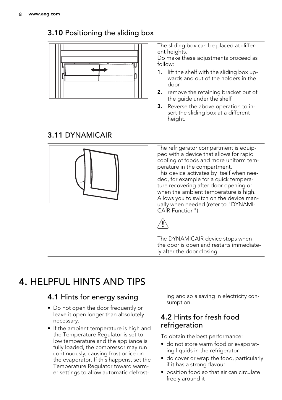 Helpful hints and tips, 10 positioning the sliding box, 11 dynamicair | 1 hints for energy saving, 2 hints for fresh food refrigeration | AEG SCS81800F0 User Manual | Page 8 / 64