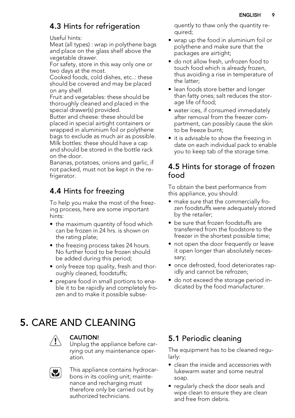 Care and cleaning, 3 hints for refrigeration, 4 hints for freezing | 5 hints for storage of frozen food, 1 periodic cleaning | AEG SCS81800F0 User Manual | Page 9 / 64
