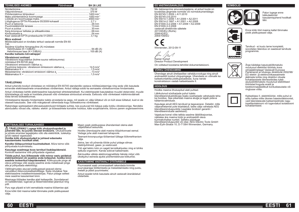 Eesti | AEG BH 26 LXE User Manual | Page 31 / 37