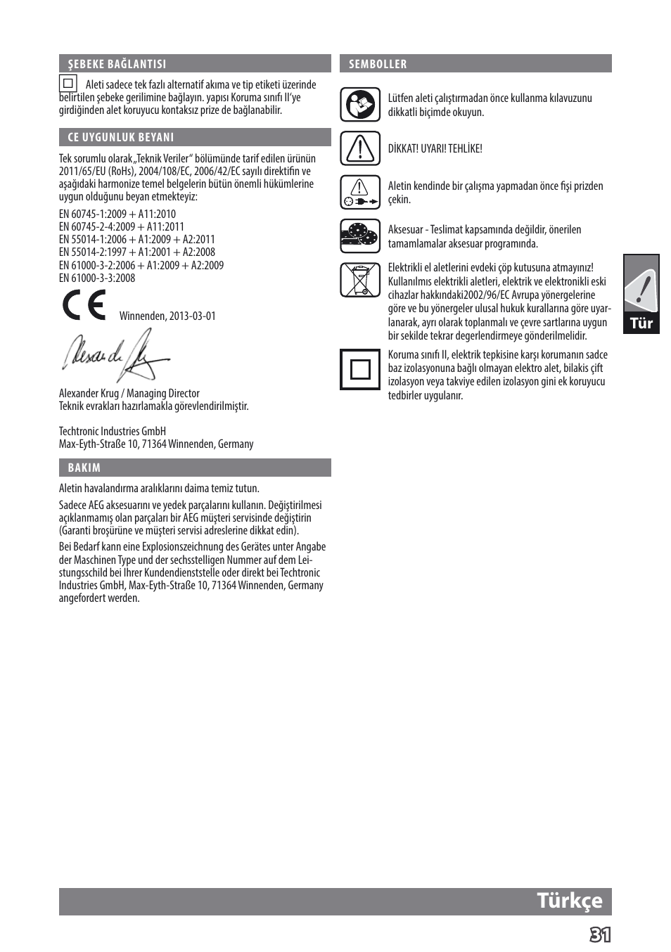 Türkçe | AEG EX 125 ES User Manual | Page 33 / 64