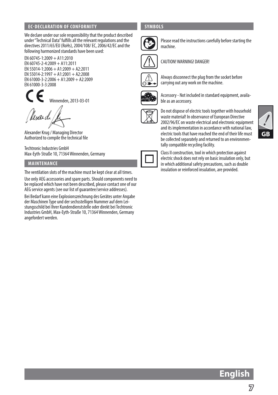 English | AEG EX 125 ES User Manual | Page 9 / 64