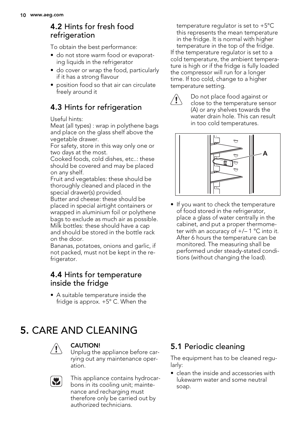 Care and cleaning, 2 hints for fresh food refrigeration, 3 hints for refrigeration | 4 hints for temperature inside the fridge, 1 periodic cleaning | AEG S74010KDX0 User Manual | Page 10 / 64