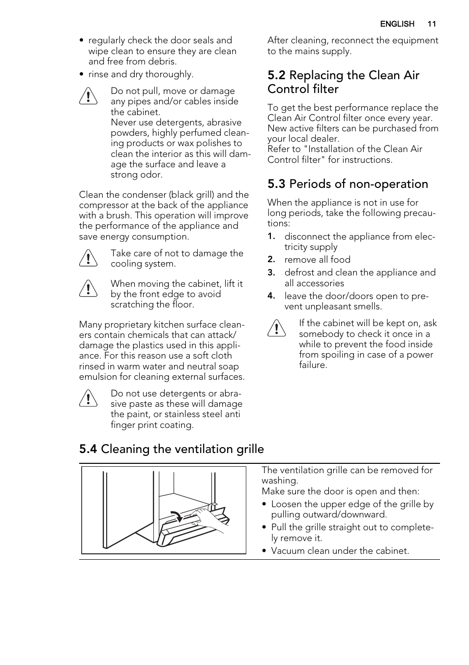 2 replacing the clean air control filter, 3 periods of non-operation, 4 cleaning the ventilation grille | AEG S74010KDX0 User Manual | Page 11 / 64