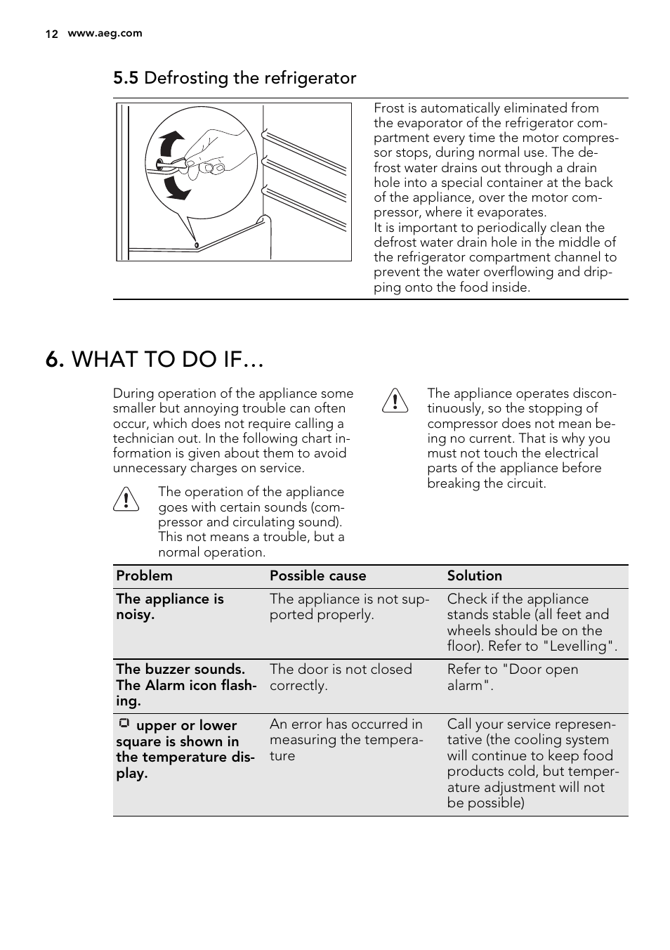 What to do if, 5 defrosting the refrigerator | AEG S74010KDX0 User Manual | Page 12 / 64